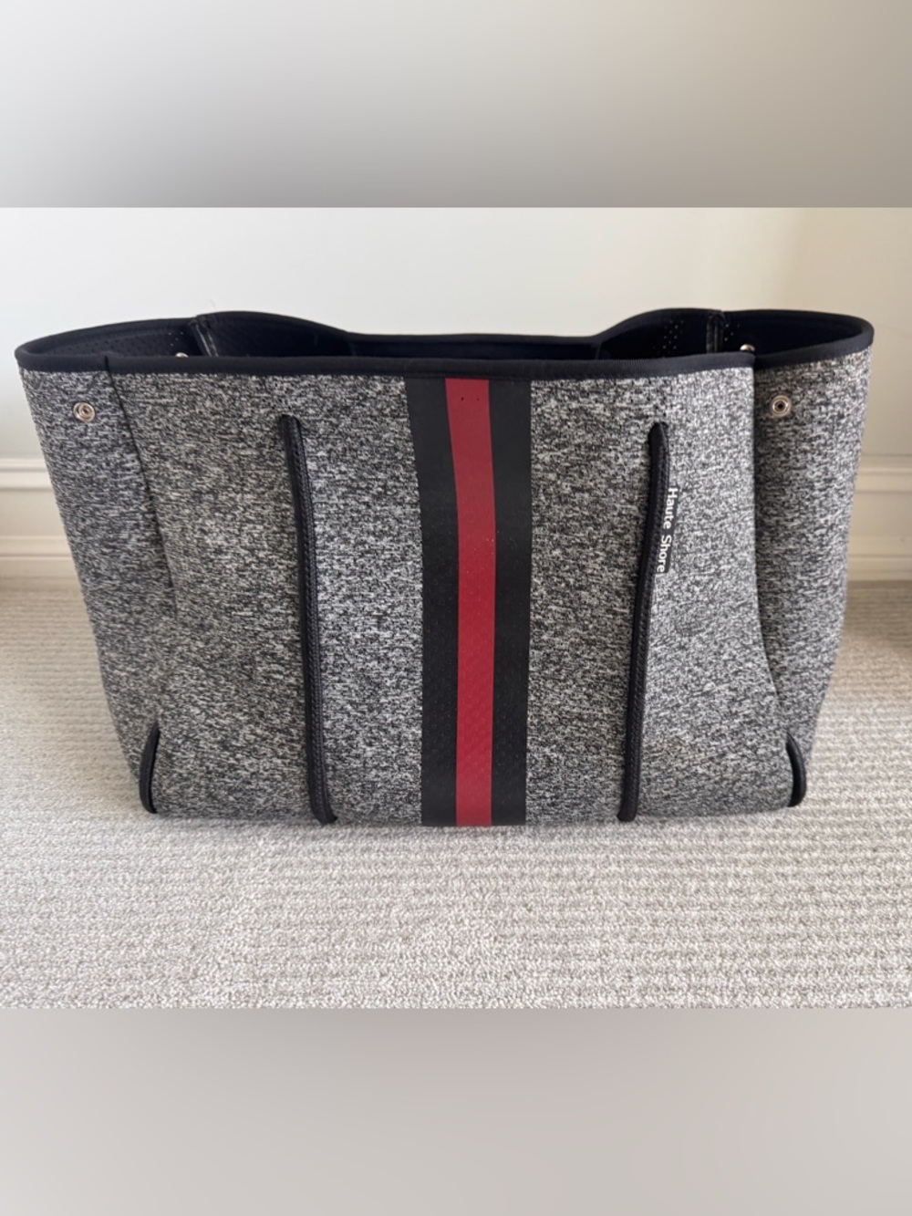 HAUTE SHORE Grey Neoprene Tote with Black and Red Center Stripe